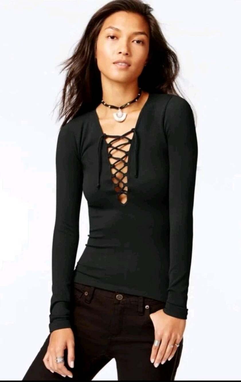 Free People Sz XS Black Bitter Sweet Lace Up Women’s Blouse Cotton Ca18-19